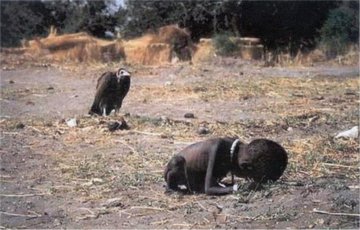 Kevin Carter's Pulitzer Prize winning photograph of a Sudanese child and a vulture.